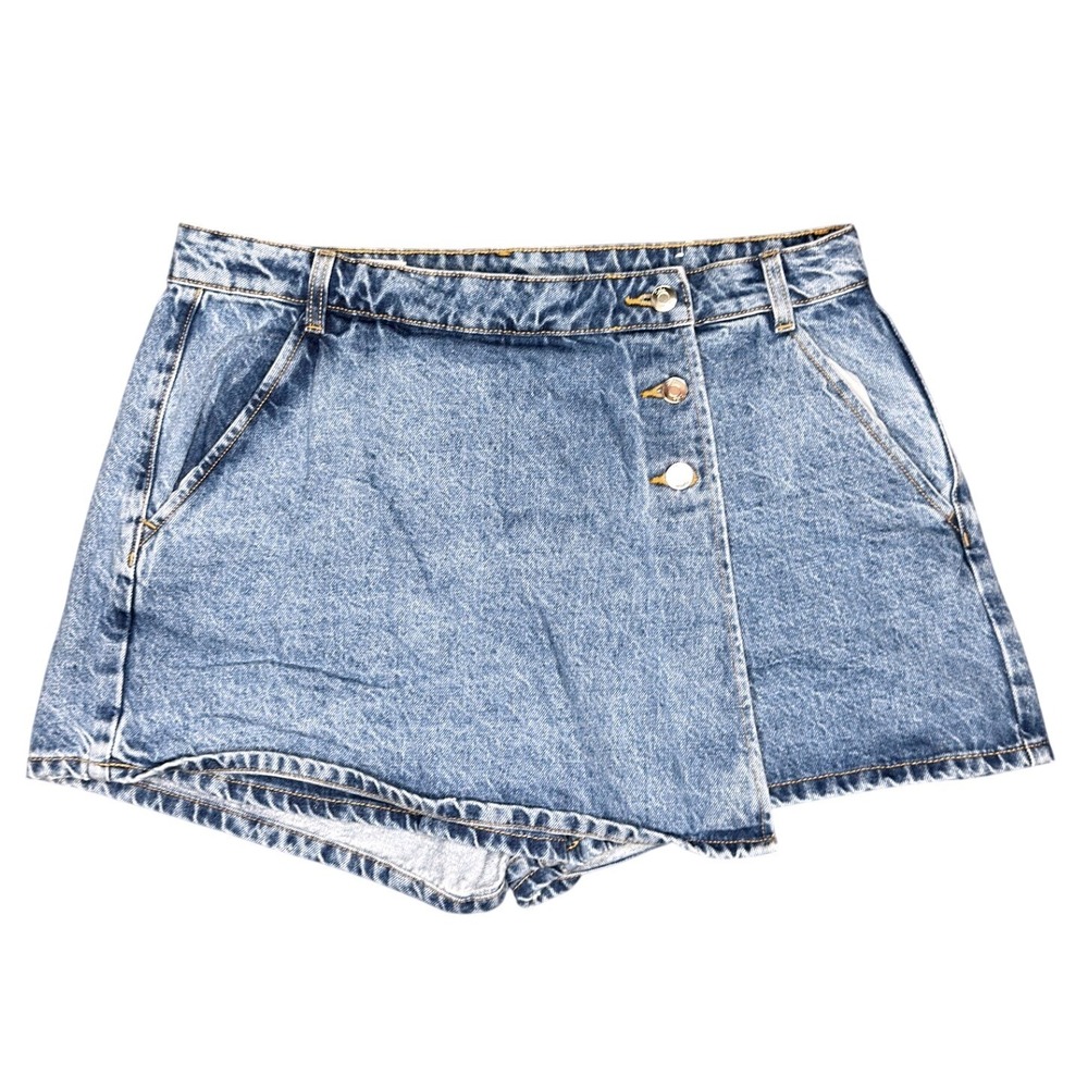 Zara Denim Skort XL Blue Acid Wash Asymmetrical Button Wrap High Waist